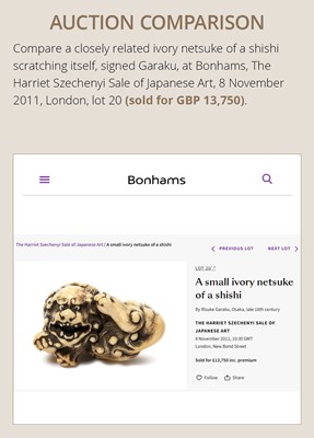 Lot 49 - A RARE HIPPOPOTAMUS TOOTH NETSUKE OF A SHISHI SCRATCHING ITSELF