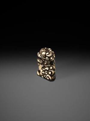 Lot 52 - AN IVORY NETSUKE OF A SNARLING SHISHI WITH BALL