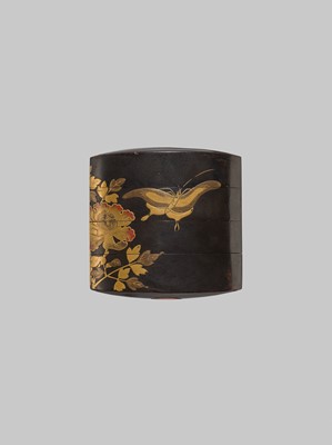 A BLACK LACQUER THREE-CASE INRO WITH A CAT AND BUTTERFLY