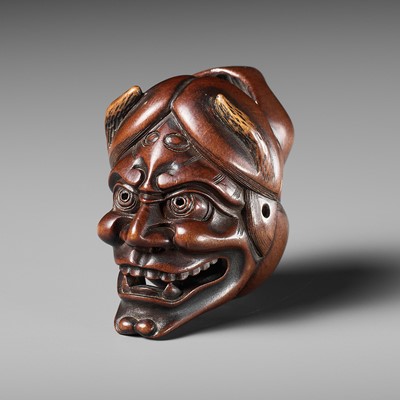 Lot 473 - A FINE WOOD NETSUKE OF OKAME AND HANNYA MASKS