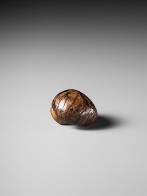 Lot 284 - YOSHIMASA: A RARE COROZO NUT NETSUKE OF TWO MUSHROOMS AND A WORM