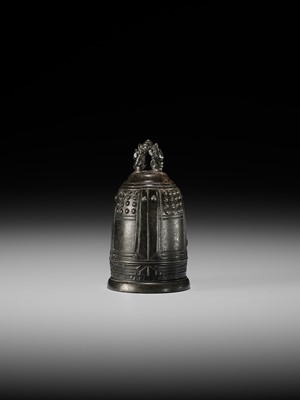 A VERY RARE BRONZE NETSUKE OF A TEMPLE BELL, BONSHO