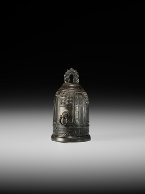 A VERY RARE BRONZE NETSUKE OF A TEMPLE BELL, BONSHO