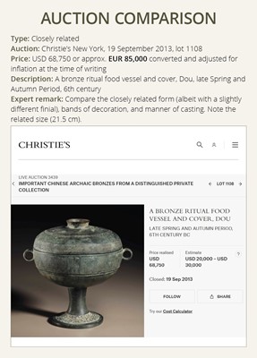 Lot 64 - AN ARCHAIC BRONZE RITUAL FOOD VESSEL AND COVER, DOU, WITH ELEVEN BANDS OF DECORATION, LATE SPRING AND AUTUMN TO EARLY WARRING STATES PERIOD