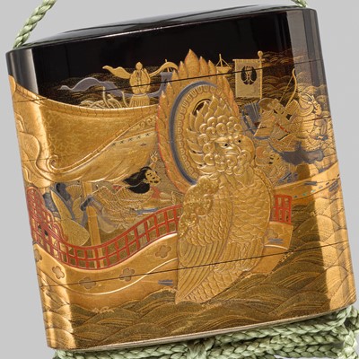 Lot 291 - KAJIKAWA BUNRYUSAI: A MAGNIFICENT LACQUER FOUR-CASE INRO DEPICTING YOSHITSUNE’S JUMP ACROSS EIGHT BOATS AT DAN-NO-URA