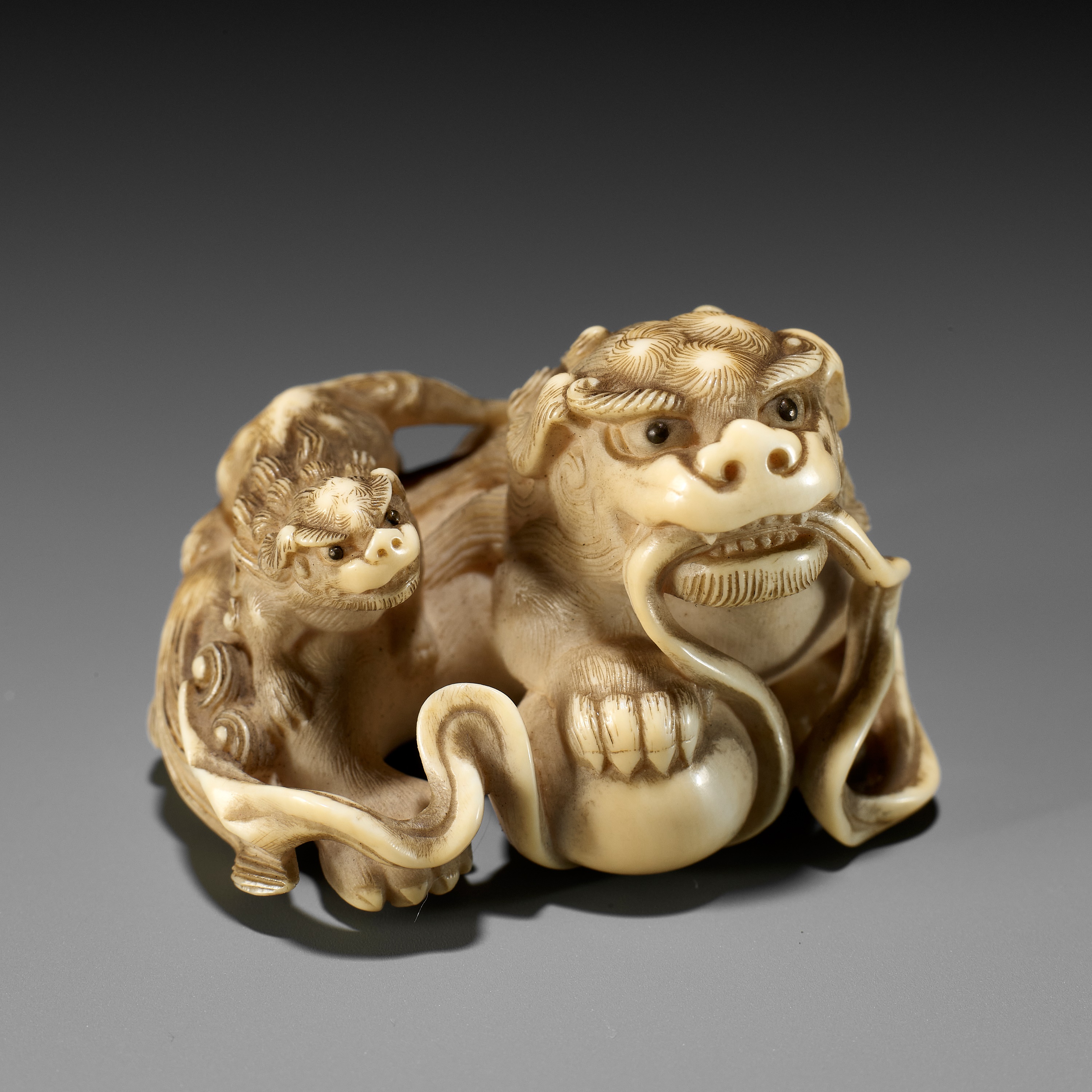 Lot 47 - HAKURYU: A FINE IVORY NETSUKE OF A SHISHI AND