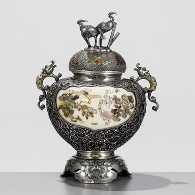 Lot 158 - YOSHITSUGU: A FINE SILVER FILIGREE SHIBAYAMA INLAID AND ENAMELED KORO (CENSER)