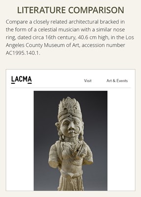 Lot 261 - A SANDSTONE ARCHITECTURAL BRACKET DEPICTING A GANDHARVA, WESTERN INDIA, 17TH-18TH CENTURY OR EARLIER