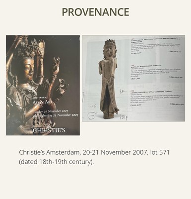 Lot 261 - A SANDSTONE ARCHITECTURAL BRACKET DEPICTING A GANDHARVA, WESTERN INDIA, 17TH-18TH CENTURY OR EARLIER