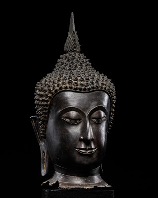 Lot 172 - A LARGE AND IMPORTANT BRONZE HEAD OF BUDDHA, AYUTTHAYA KINGDOM, THAILAND, c. 1500
