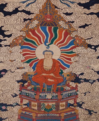 Lot 30 - A LARGE IMPERIAL AND INSCRIBED SILK EMBROIDERED THANGKA OF BUDDHA, KANGXI TO QIANLONG PERIOD