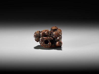 Lot 124 - A FINE TANBA SCHOOL WOOD NETSUKE OF A SHISHI WITH YOUNG