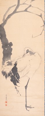 Lot 763 - A HANGING SCROLL PAINTING OF A CRANE UNDER A WITHERED TREE, AFTER MARUYAMA OKYO, c. 1920s