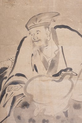 Lot 1604 - A HANGING SCROLL PAINTING OF JUROJIN WITH CRANE, c. 1900s
