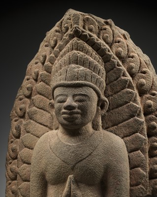 Lot 201 - A SANDSTONE RELIEF OF AN ADORING APSARA, CHAM PERIOD, 10TH-12TH CENTURY