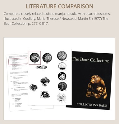 Lot 288 - A FINE TSUISHU (CARVED RED LACQUER) MANJU NETSUKE WITH PEACH BLOSSOMS