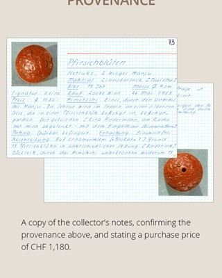 Lot 288 - A FINE TSUISHU (CARVED RED LACQUER) MANJU NETSUKE WITH PEACH BLOSSOMS