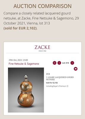 Lot 432 - A FINE AND LARGE LACQUERED GOURD NETSUKE WITH A CHUBBY HARE AMONGST AUTUMN GRASSES
