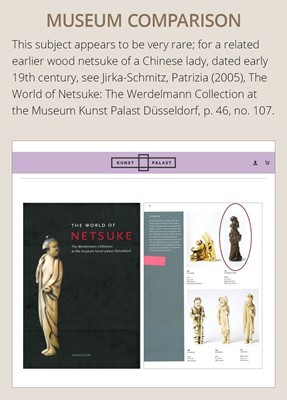 Lot 281 - A SUPERB AND LARGE WOOD NETSUKE OF A CHINESE BEAUTY