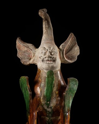 Lot 134 - A SANCAI GLAZED FIGURE OF AN EARTH SPIRIT, ZHENMU SHOU, TANG DYNASTY