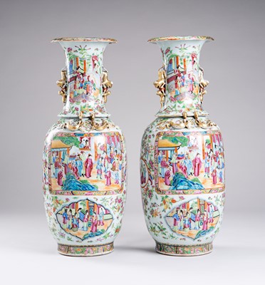 Lot 938 - A PAIR OF LARGE CANTON FAMILLE ROSE PORCELAIN VASES, 19TH CENTURY