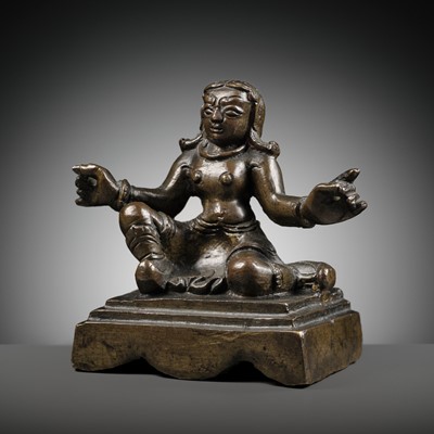 Lot 291 - A SMALL BRONZE FIGURE OF A WARRIOR, TIBET, 18TH CENTURY OR EARLIER