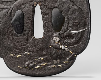 Lot 238 - JUKOKUSAI MASAHIDE: A RARE IRON TSUBA DEPICTING TAI SHUN, WITH AN NBTHK TOKUBETSU KICHO CERTIFICATE