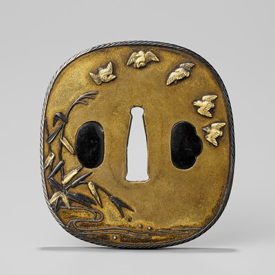 Lot 205 - A SUPERB NARA SCHOOL SENTOKU TSUBA DEPICTING CHIDORI ON A REED RIVERBANK, WITH NBTHK TOKUBETSU KICHO CERTIFICATE