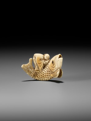 Lot 1 - YOSHITSUGU: AN EARLY IVORY NETSUKE OF KINKO SENNIN ON A CARP