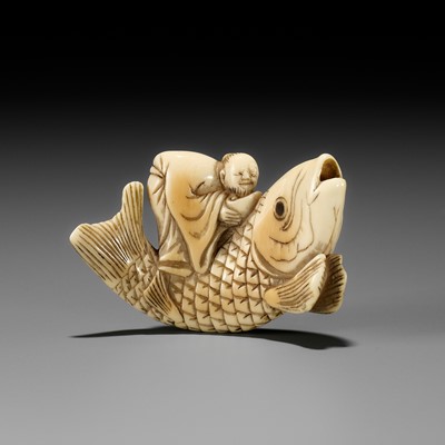 Lot 1 - YOSHITSUGU: AN EARLY IVORY NETSUKE OF KINKO SENNIN ON A CARP