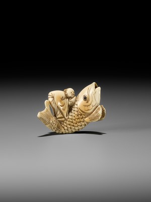 Lot 1 - YOSHITSUGU: AN EARLY IVORY NETSUKE OF KINKO SENNIN ON A CARP