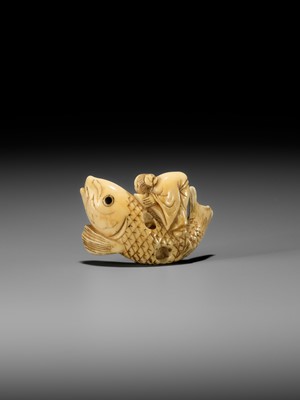 Lot 1 - YOSHITSUGU: AN EARLY IVORY NETSUKE OF KINKO SENNIN ON A CARP