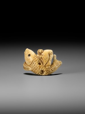 Lot 1 - YOSHITSUGU: AN EARLY IVORY NETSUKE OF KINKO SENNIN ON A CARP