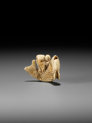 Lot 1 - YOSHITSUGU: AN EARLY IVORY NETSUKE OF KINKO SENNIN ON A CARP