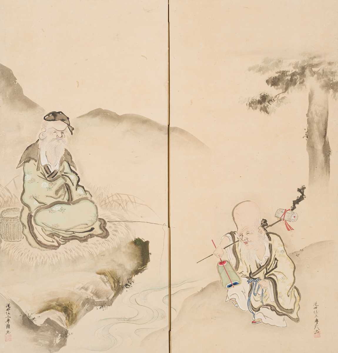 Lot 592 - KAMO SENKEN: A TWO-PANEL BYOBU SCREEN DEPICTING TAIKOBO AND JUROJIN