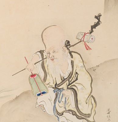 Lot 592 - KAMO SENKEN: A TWO-PANEL BYOBU SCREEN DEPICTING TAIKOBO AND JUROJIN