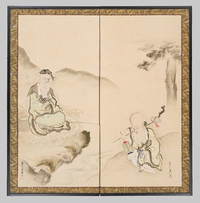 Lot 592 - KAMO SENKEN: A TWO-PANEL BYOBU SCREEN DEPICTING TAIKOBO AND JUROJIN