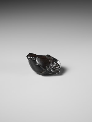 Lot 34 - A RARE DARK WOOD NETSUKE OF A SUMO WRESTLING FROG