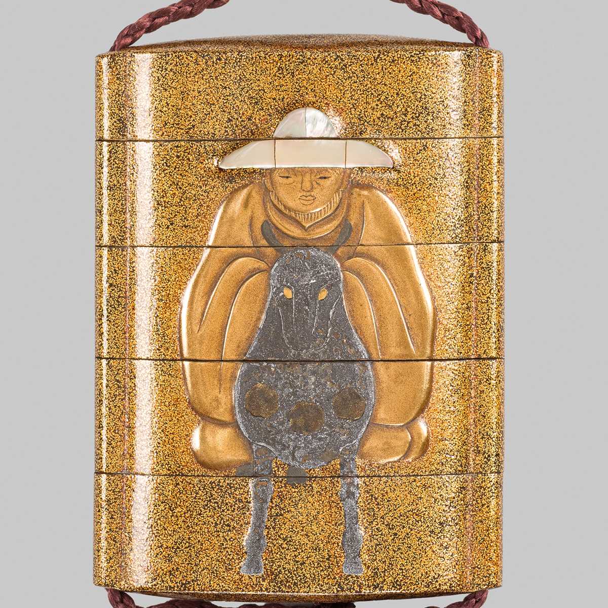 Lot 12 - KORIN: A RINPA STYLE LACQUER FOUR-CASE INRO DEPICTING TOBA ON HIS MULE