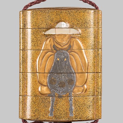 KORIN: A RINPA STYLE LACQUER FOUR-CASE INRO DEPICTING TOBA ON HIS MULE