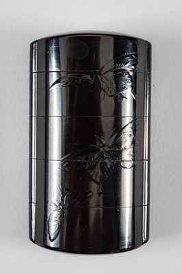 Lot 1419 - SHIGENORI: A FINE FOUR-CASE BLACK ON BLACK LACQUER INRO WITH BUTTERFLIES