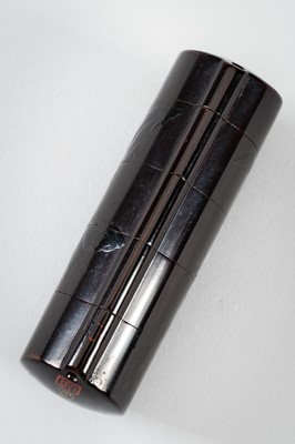 Lot 1419 - SHIGENORI: A FINE FOUR-CASE BLACK ON BLACK LACQUER INRO WITH BUTTERFLIES