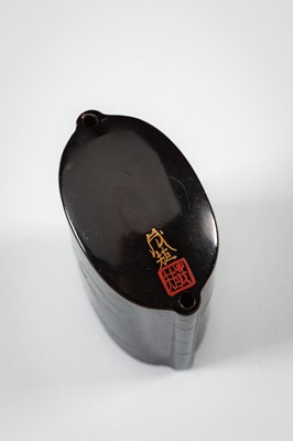 Lot 1419 - SHIGENORI: A FINE FOUR-CASE BLACK ON BLACK LACQUER INRO WITH BUTTERFLIES