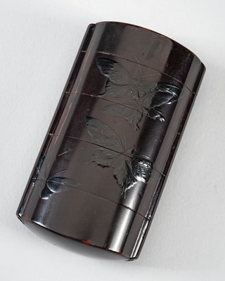 Lot 1419 - SHIGENORI: A FINE FOUR-CASE BLACK ON BLACK LACQUER INRO WITH BUTTERFLIES