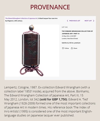 Lot 1419 - SHIGENORI: A FINE FOUR-CASE BLACK ON BLACK LACQUER INRO WITH BUTTERFLIES
