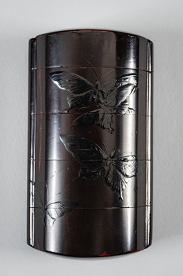 Lot 1419 - SHIGENORI: A FINE FOUR-CASE BLACK ON BLACK LACQUER INRO WITH BUTTERFLIES