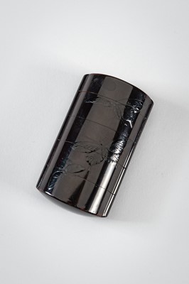 Lot 1419 - SHIGENORI: A FINE FOUR-CASE BLACK ON BLACK LACQUER INRO WITH BUTTERFLIES
