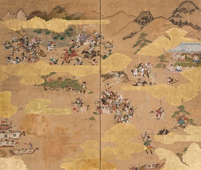 Lot 819 - A TWO-PANEL BYOBU SCREEN DEPICTING THE BATTLE OF MINATOGAWA