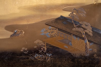 Lot 42 - OKO: A FINE LACQUERED PANEL WITH A SHORESIDE PAVILION