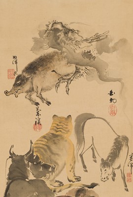 Lot 755 - A RARE COLLABORATIVE HANGING SCROLL PAINTING DEPICTING THE TWELVE ANIMALS OF THE ZODIAC (JUNISHI)